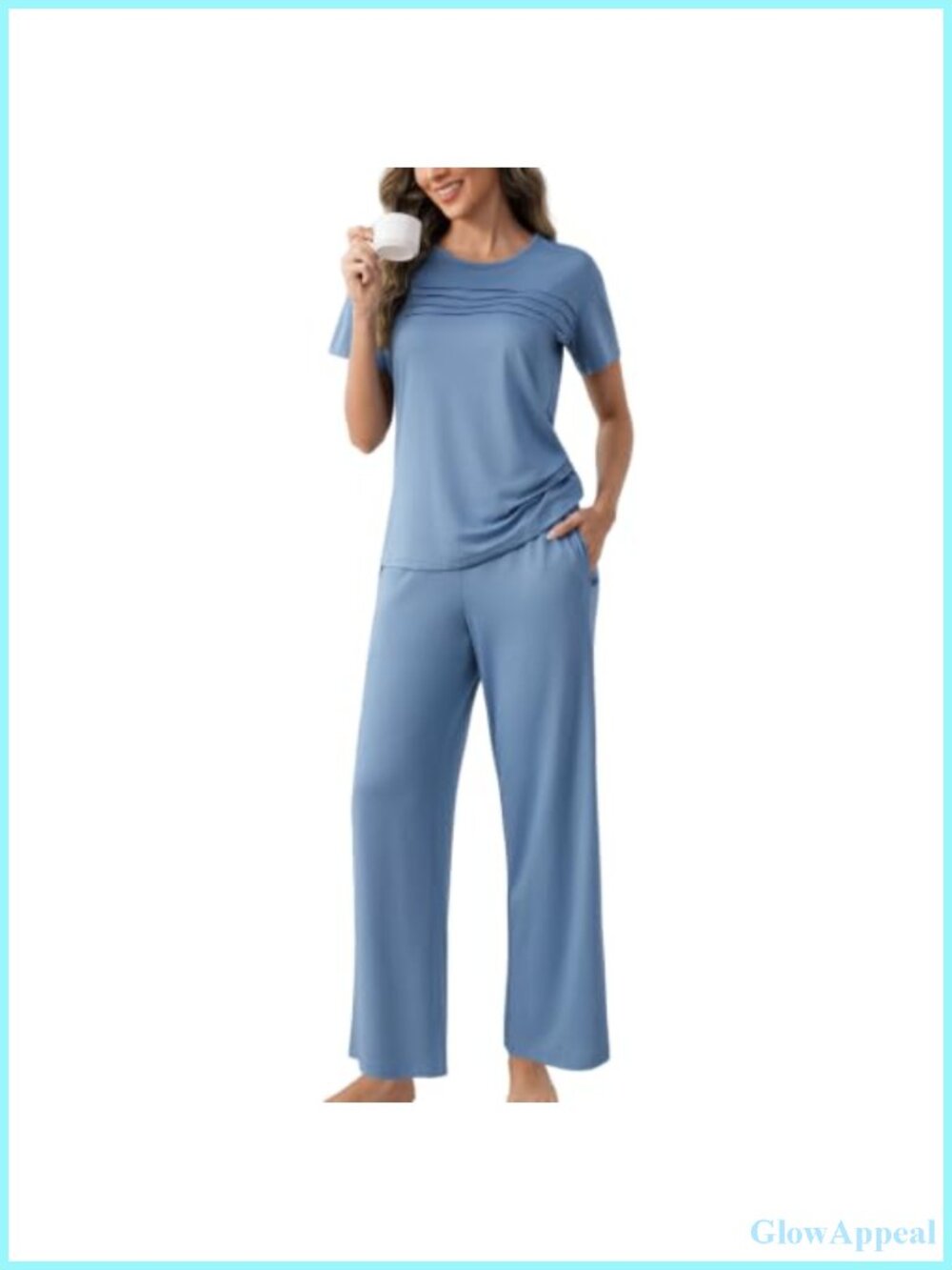 Women's 2 Piece Pajama Set Short Sleeve Pleated Top & Long Pants Sleepwear